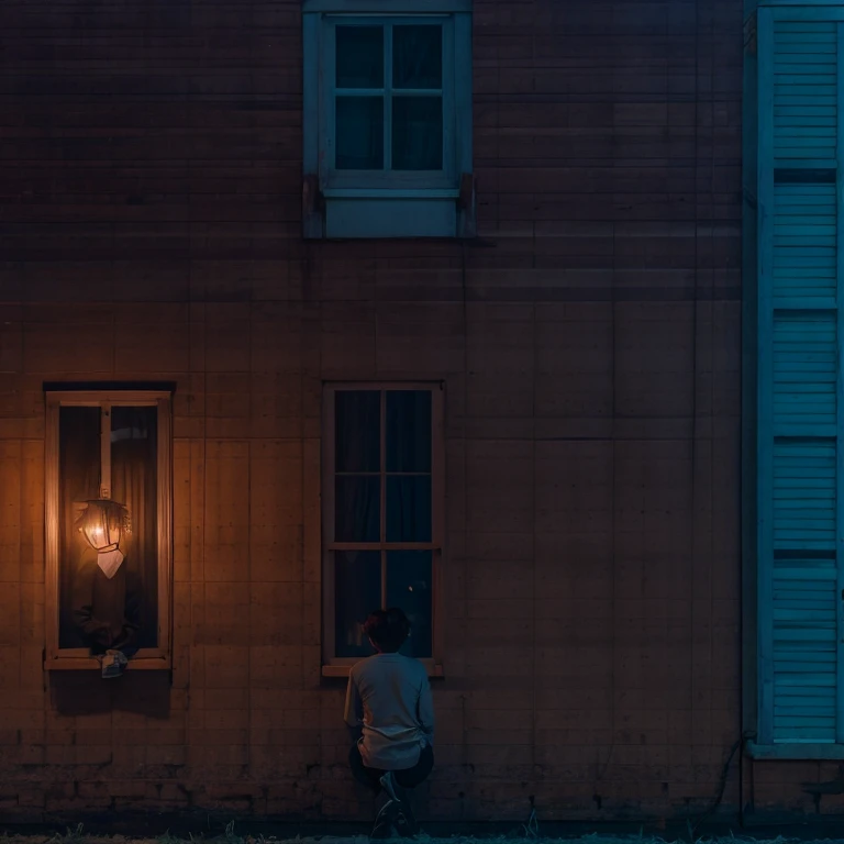 Help me make an album cover
Background: A house with windows open
Subject: An anime boy crouching in a corner playing with his phone
Atmosphere: Solitude