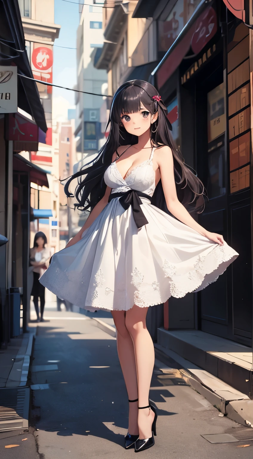 1girl, masterpiece, highly detailed, absurd res, illustration, tomoyo, dress, cleavage, medium breasts, high heels, (aged up:1.3), standing, city street