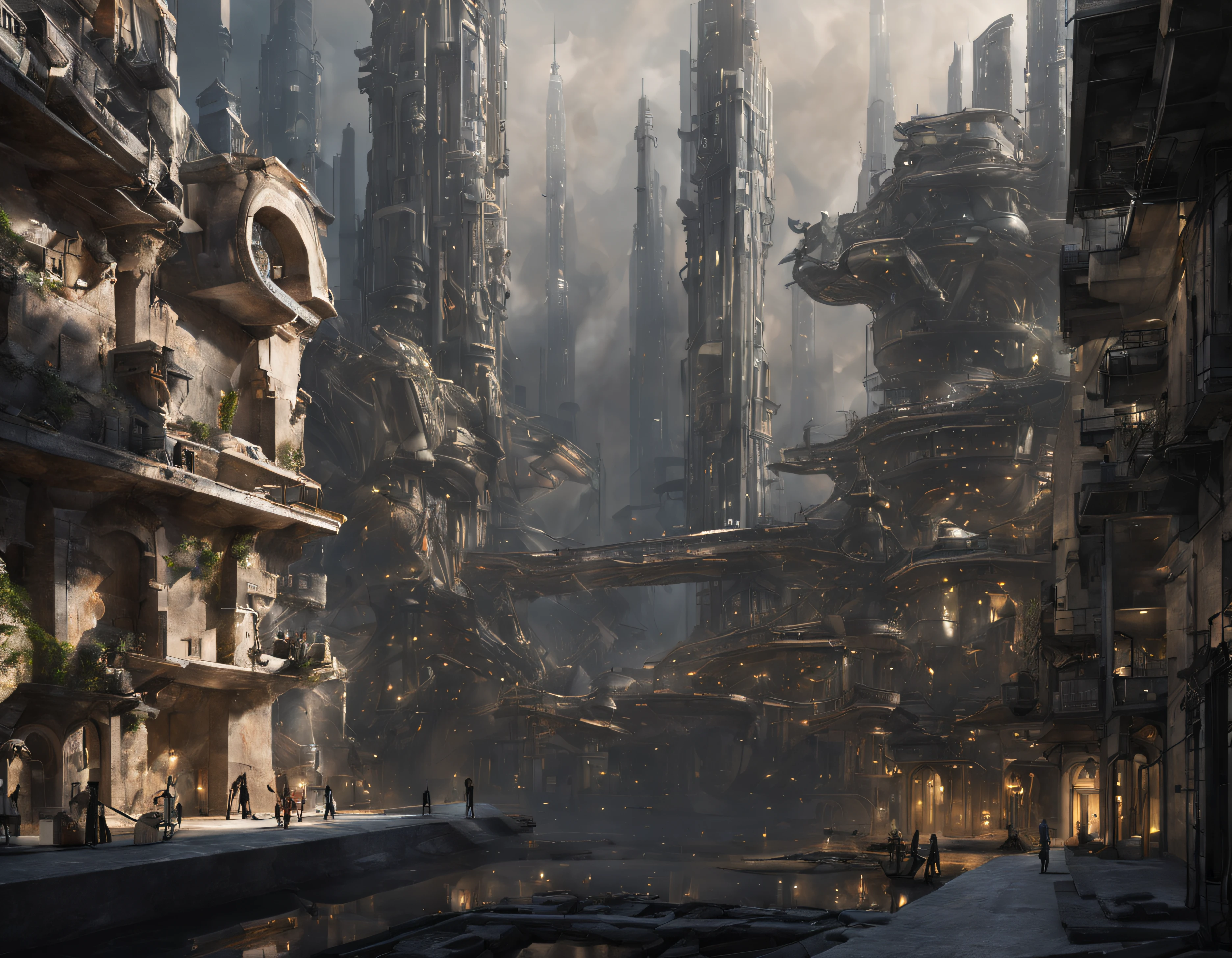tripulantes de una nave intergalactica minera se posiciona en un planeta, con un nucleo urbano muy antiguo, pero con un pasado claramente tecnologico, con inmensos edificios en un pesimo estado de conservacion y completamente deshabitada. dos tripulantes inspeccionan la ciudad en un ambiente lugubre y iluminado por luz lunar, todo esto en un entorno de ciencia ficcion de primer nivel, ,todo lleno de imaginacion,ciencia ficcion y (intrincados detalles de la maquina).imagen fotorrealista,nitidez maxima, calidad 8k.(obra maestra de calidad superior).(renderizado 3d). obra maestra de superior calidad.