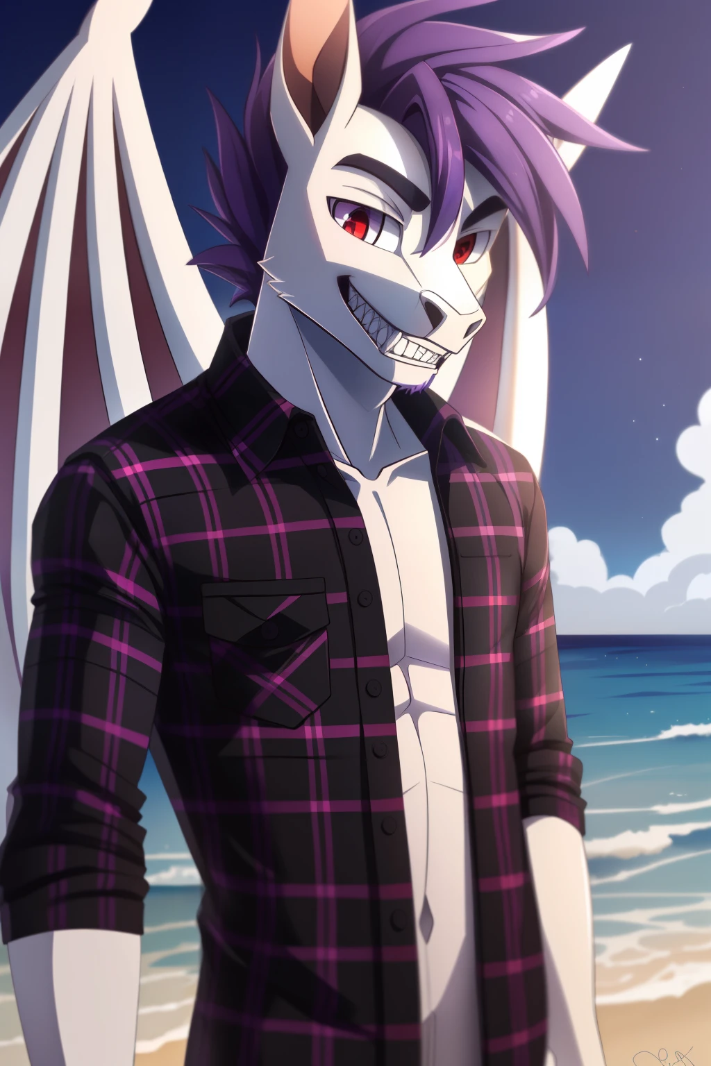 (best quality), (masterpiece), (professional photo:1.1), (8k, high resolution), (single:1.2), (male), middle aged, 35 years old, ((Anthro white bat pony)), ((stripped purple and white colored hair)), (red eyes), (slitted pupils:1.2), (White wings), (highly detailed eyes:1.2), Cool looking, (((Black open flannel shirt:1.2))), close mouth, smirk, beach background, full body photo, medium cut hair