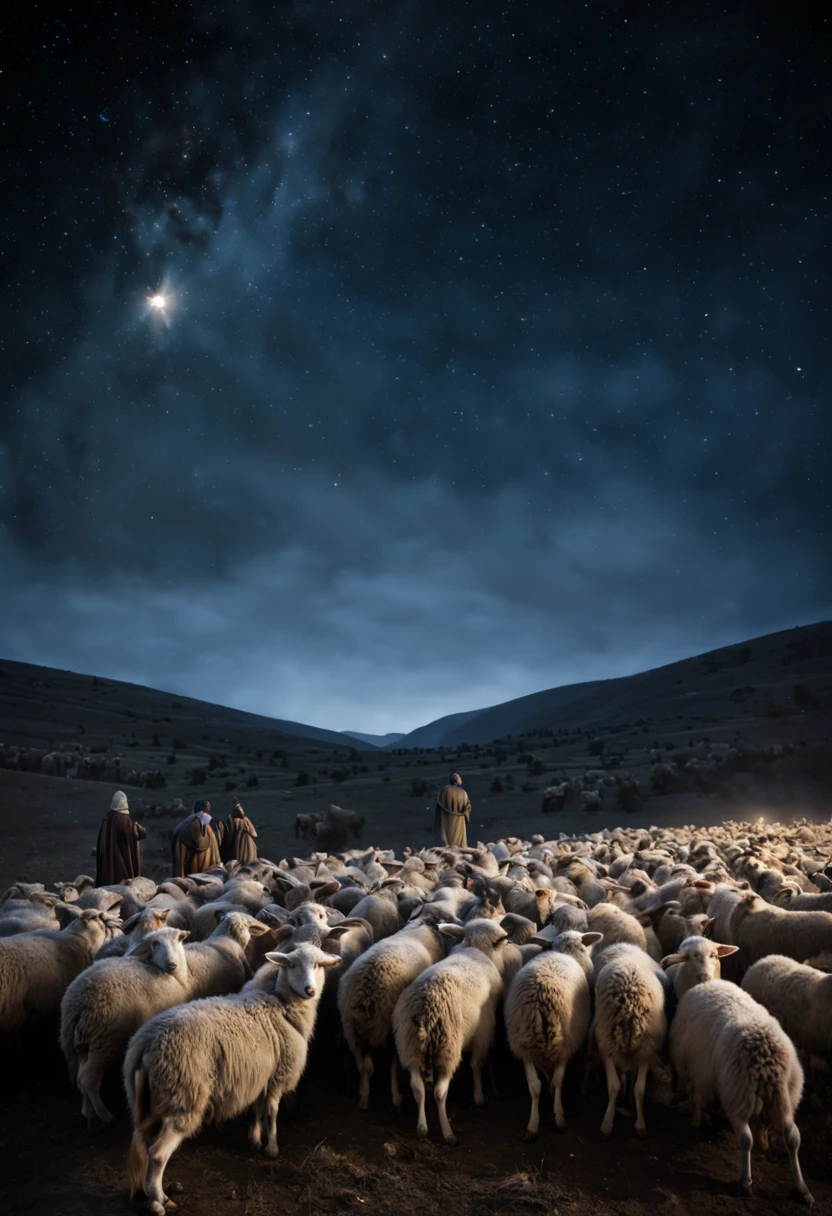 “realistic shepherds watching over the herd of sheep, night sky,, sharp, detailed scene, photograph, shallow depth of field, haze, night sky with shining star of bethlehem above and host of angels, volumetric lighting, photo taken with provia, 24mm, f1.8,david lazar,