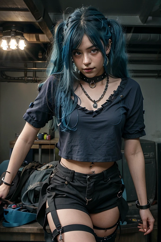 Premium Quality, Masterpiece, Ultra High Definition, (Photorealism: 1.4), RAW Photo, (Full Body Shot), Lovely Smiling Girl, ((Playing Electric Guitar on Live Stage)), (Woman Holds a Guitar electric), (dynamic pose), long hair, ((Full blue hair)), (twin tails), bangs, Cross pendant necklace, Earrings, (Elegant Rocker, Blue Lace Ruffles): 1.5, , Colorful lighting in alive, Focuses, (the woman is wearing an oversized blue t-shirt), (the woman is wearing black cargo pants), (the woman is wearing combat boots), (the woman is wearing chains)