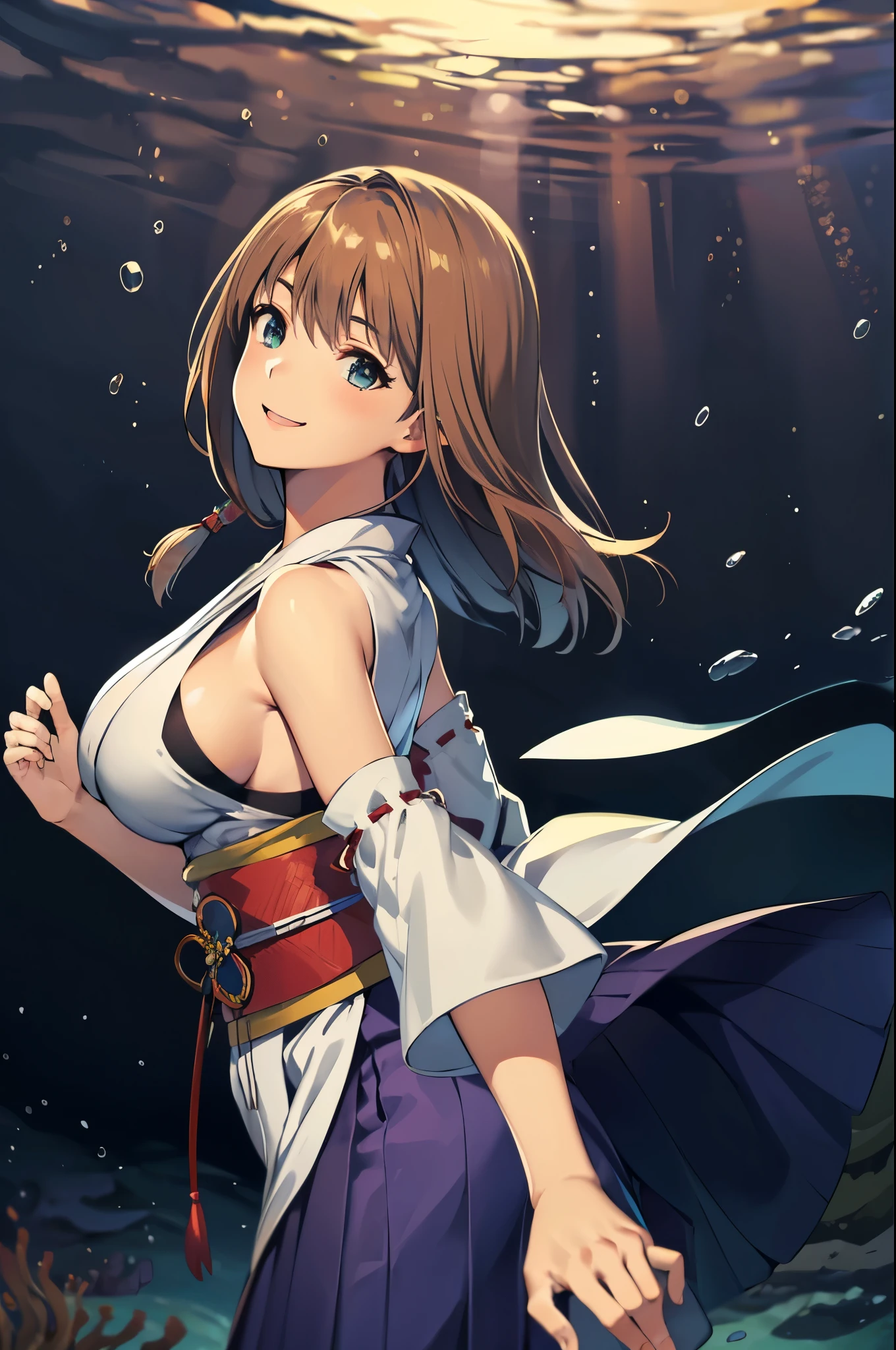 masuter piece, Best Quality, 超A high resolution, top-quality, Anime style, The best lighting, Beautiful face, (Yuna from Final Fantasy), masutepiece, (1girll:1.3), (upper bod:1.3), Brown hair, A hyper-realistic, Dark blue hakama, cammel toe, Super Split, (The best smile:1.3), A hyper-realistic, photographrealistic, (1girl in), Battle Pose, so sexy, Dark blue hakama, Elegant woman, dance, blushed face, (Sea background:1.3)