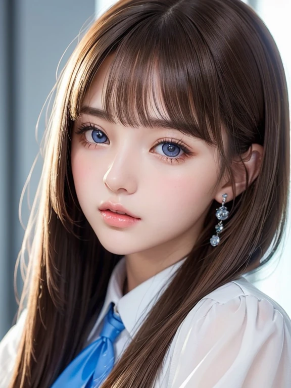 portlate、uniform correct expression、poneyTail、Young shiny shiny white shiny skin、Best Looks、Natural brown hair with dazzling highlights、shiny light hair,、Super long silky straight hair、Beautiful bangs that shine、Blunt bangs、Glowing crystal clear attractive big blue eyes、Very beautiful nice cute 16 year old girl、Lush bust