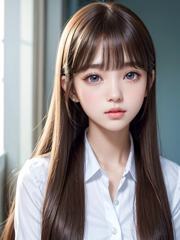 portlate、uniform correct expression、poneyTail、Young shiny shiny white shiny skin、Best Looks、Natural brown hair with dazzling highlights、shiny light hair,、Super long silky straight hair、Beautiful bangs that shine、Blunt bangs、Glowing crystal clear attractive big blue eyes、Very beautiful nice cute 16 year old girl、Lush bust