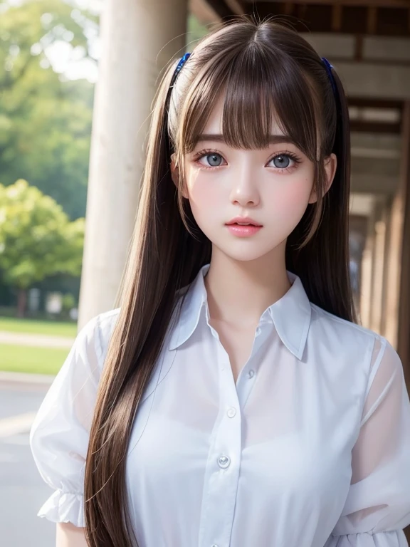 portlate、uniform correct expression、poneyTail、Young shiny shiny white shiny skin、Best Looks、Natural brown hair with dazzling highlights、shiny light hair,、Super long silky straight hair、Beautiful bangs that shine、Blunt bangs、Glowing crystal clear attractive big blue eyes、Very beautiful nice cute 16 year old girl、Lush bust