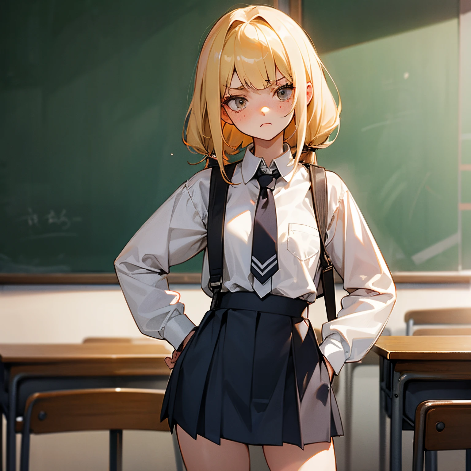 Best Quality、1girl with、a blond、Bad eyes、glares、Bad schoolgirl、hitornfreckles、hands in the pocket、Larger shirt、a miniskirt、Classroom