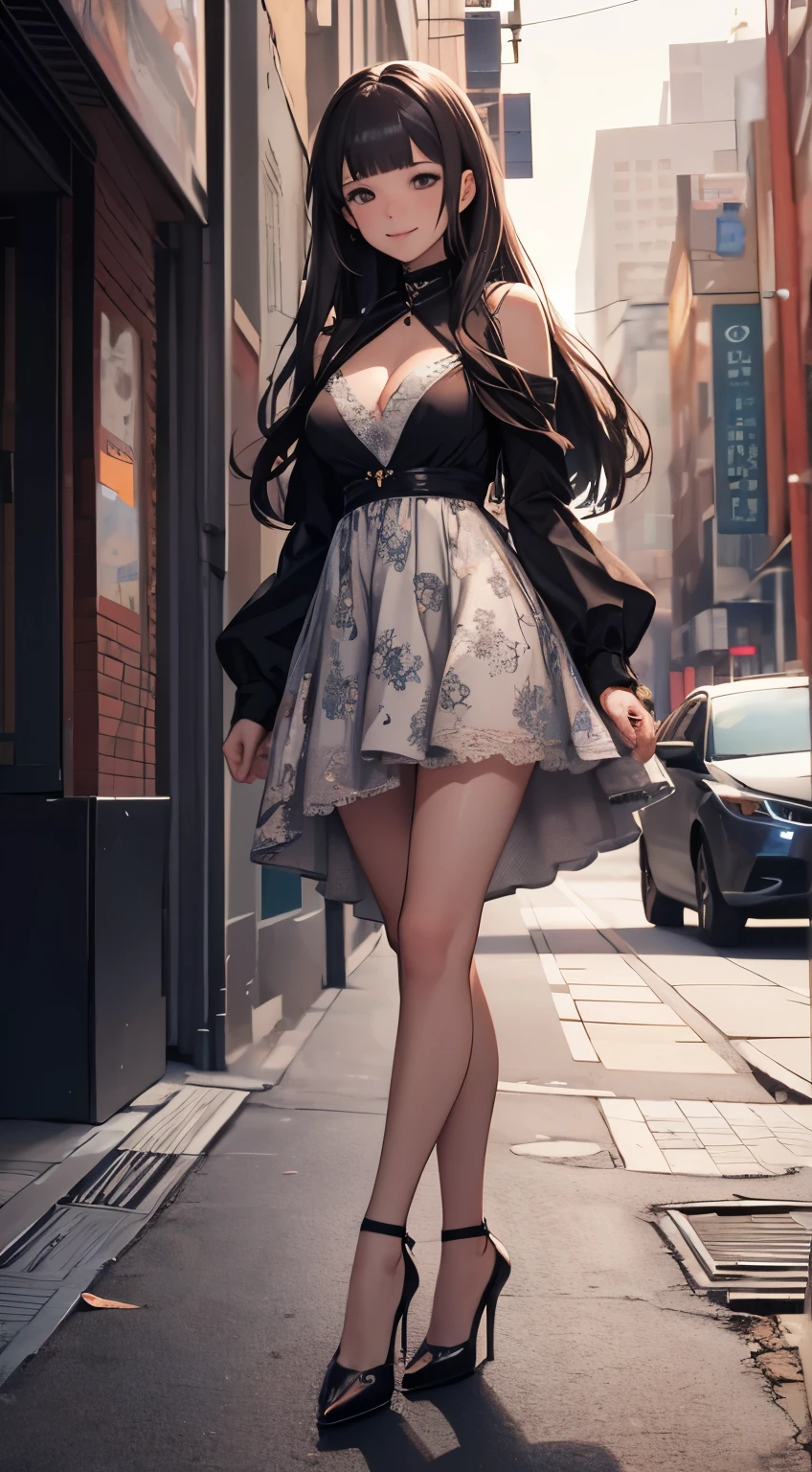 1girl, masterpiece, highly detailed, absurd res, illustration, tomoyo, dress, cleavage, medium breasts, high heels, (aged up:1.3), standing, city street, glosdy lips, detailed face, light smile, beautiful detailed eyes