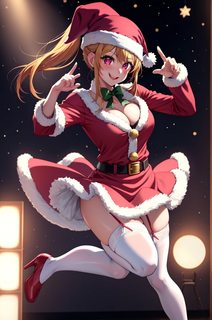 anime, beautiful face, highly detailed face, 2 accurate legs, pink detailed eyes, highly detailed background, perfect lighting, accurate arms, accurate hands, accurate fingers, full body, 1girl, solo, ruby hoshino, oshi no ko, female santa, sexy santa outfit, santa hat, heels, thighhighs, garter stockings, absurdres, high res, ultrasharp, 8K, masterpiece, looking at viewer, (dancing pose:1.3), (full body:1.4), Christmas concert, Christmas idol, performing, on stage, crowd in the background, smiling with compassion, mouth open smile, full of delight, blushed, cleavage, sntdrs