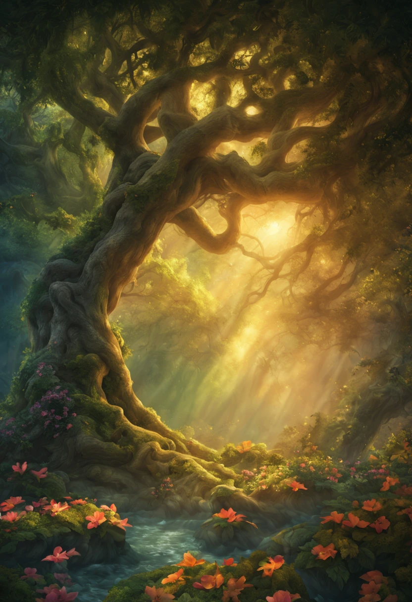 "(best quality,ultra-detailed,realistic:1.37),spectacular magical and mysterious plant,botanical garden,enchanted forest,ethereal flowers,floating petals,glowing leaves,majestic tree roots,golden sunlight,soft mist,vibrant colors,impressive details,exquisite texture,hidden secrets,fantasy world"