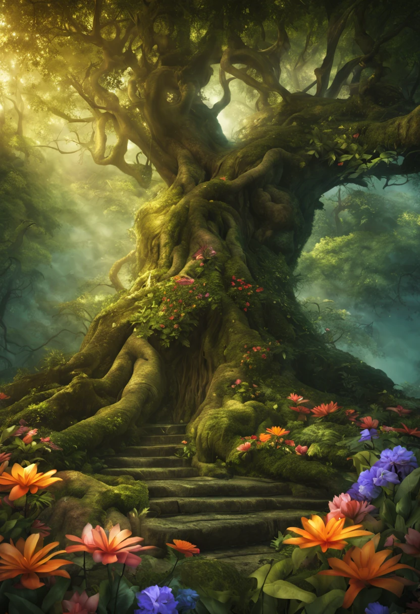 "(best quality,ultra-detailed,realistic:1.37),spectacular magical and mysterious plant,botanical garden,enchanted forest,ethereal flowers,floating petals,glowing leaves,majestic tree roots,golden sunlight,soft mist,vibrant colors,impressive details,exquisite texture,hidden secrets,fantasy world"