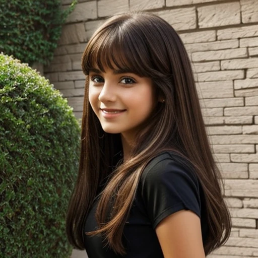 Palestinian teenager girl with long brown hair and bangs with green eyes wearing makeup and a black dress with short sleeves smiling