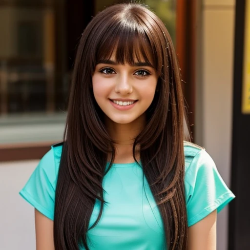 Palestinian teenager girl with long brown hair and bangs with green eyes wearing makeup and a black dress with short sleeves smiling