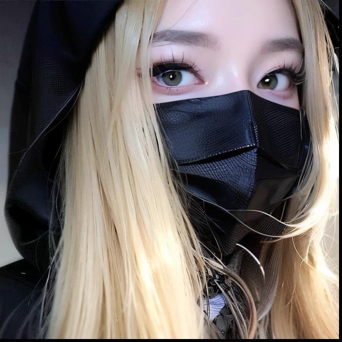 a woman with long blonde hair wearing a black mask, wearing all black mempo mask, surgical mask covering mouth, ( ( deep black eyes ) ), ulzzang, with black eyes, with a covered face, cruel korean goth girl, masked, wan adorable korean face, with black sclera eyes, fully black eyes no pupils, black eyes!!!, face covered
