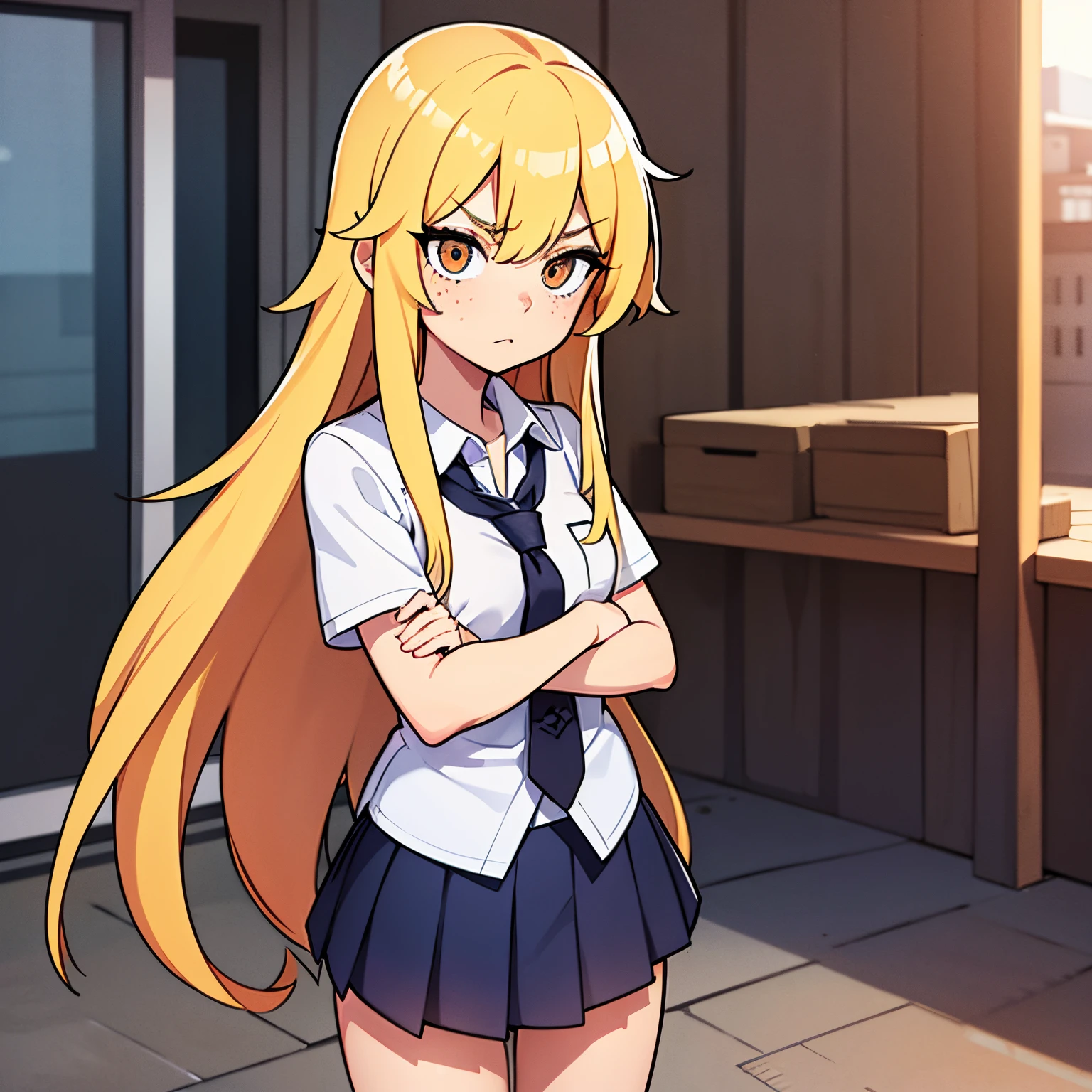Best Quality、１girl with、long blonde hair、double eyelid、glares、Bad schoolgirl、hitornfreckles、Cross your arms in front of you、Open chest、Cutter shirt、Loosened tie、a miniskirt、School rooftop