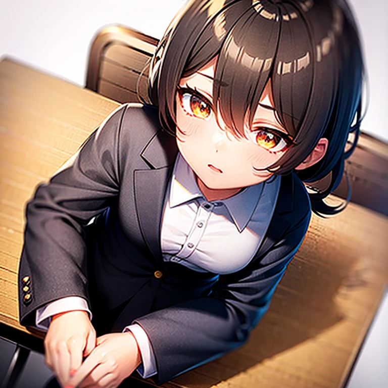 masterpiece, best quality, high quality, 1boy, middle school student, school uniform, trousers, blue tie, yellow eyes, serious face, (hairstyle: straight), black hair, middle hair, hair over one eye, sleeping at the desk AND 1girl, (neko:1.1), maid, long brown hair, (grey eyes:1.1), sitting at desk