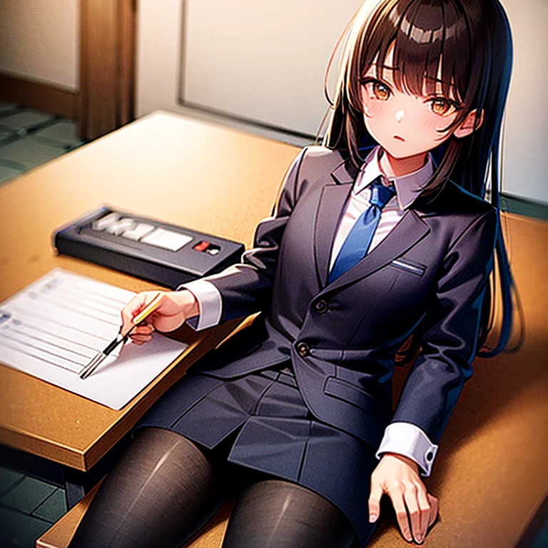 ((masterpiece, Top quality, high resolution, Highly detailed CG unified 8k wallpaper)), (Black haired beauty，Huge stunning goddess photo, Very hot and sexy, Stunning beauty, Perfect proportion, Beautiful Body, slim body beautiful:1.3), (female lawyer, Convincing jurors in court:1.3), Wearing a black suit, White shirt and black tight skirt, Black pantyhose, Silver-rimmed glasses and a thin watch, Small gold badge on left chest of suit, A hand holding a bundle of documents, The other hand holds a pen, View from behind,