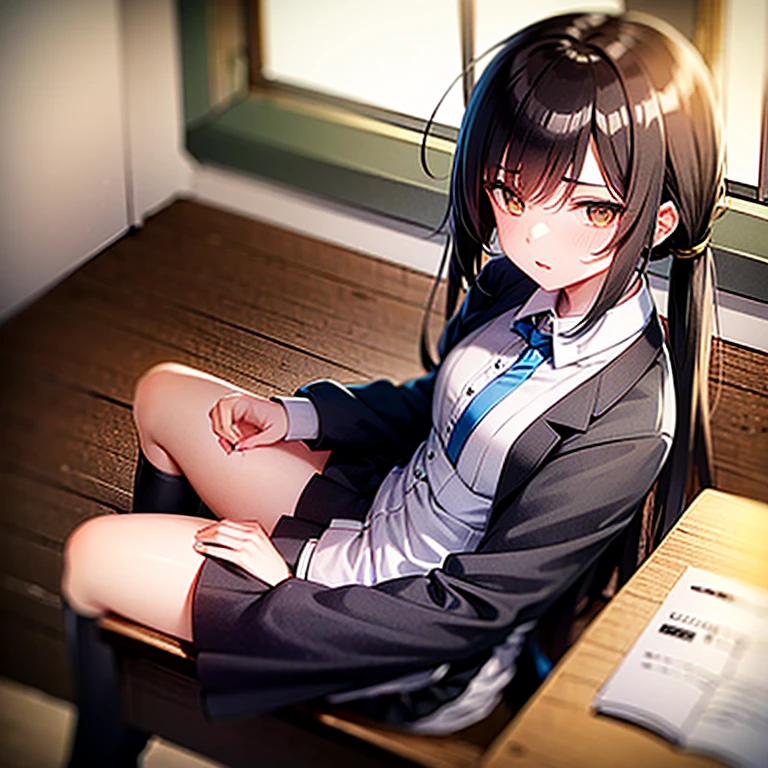 masterpiece, best quality, high quality, 1boy, , school uniform, trousers, blue tie, yellow eyes, serious face, (hairstyle: straight), black hair, middle hair, hair over one eye, sleeping at the desk AND 1girl, (neko:1.1), maid, long brown hair, (grey eyes:1.1), sitting at desk