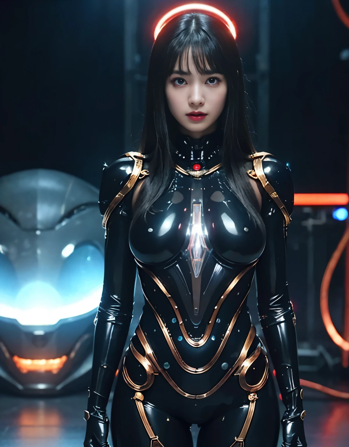 (1 mechanical girl and 1 alien)、（Mystical expression）、top-quality、​masterpiece、超A high resolution、(Photorealsitic:1.4)、((Heavy chest)),Colossal tits、Raw photo、女の子1人、glowy skin、(((1 Mechanical Girl)))、((transparent crystal suit bodysuit、The body can see through)).(Natural alien background to fight aliens)、(Small LED)、((super realistic details))),globalillumination、Shadow、octan render、8K、ultrasharp、机器人の背景、Colossal tits、Raw skin exposed in the cleavage、red metal、Details of complex ornaments、Japan details、highly intricate detail、Realistic light、(Mystical expression),CG Society Trenlow Eyes、Eyes shining towards the camera、Mechanical marginal blood vessels connected to neon detail tubes)、(Wires and cables connecting to the head)、Small LED、,Mechanical thighs、Toostock、（Hands are also made of machines）、机器人、future alien、Please wear a mechanical helmet、