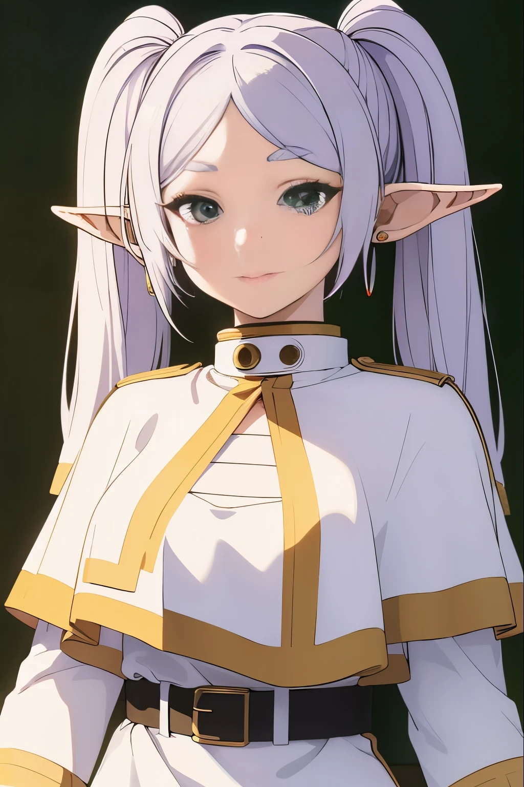 ((masterpiece)), (best quality), highres, ultra-detailed, absurdres,
 frieren, 1girl, earrings, elf, long hair, pointy ears, solo, twintails, green eyes, earrings, white hair, looking at viewer, capelet, white capelet, white sleeves, long sleeves, standing, upper body, big boobs, light smile, side boobs, revealing outfit, perfect body, beautiful face, detailed face, beautiful eyes, detailed eyes
