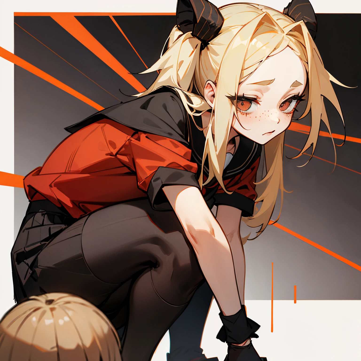 Hair half combed up on the right side、blonde with black mesh、Bad eyes、Red Jersey、Bad girl、hitornfreckles、crouching down