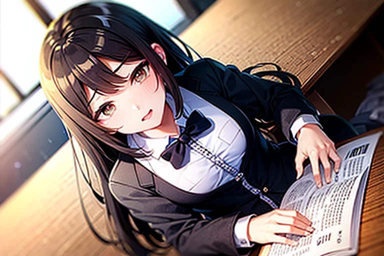 masterpiece, best quality, high quality, 1boy, middle school student, school uniform, trousers, blue tie, yellow eyes, serious face, (hairstyle: straight), black hair, middle hair, hair over one eye, sleeping at the desk AND 1girl, (neko:1.1), maid, long brown hair, (grey eyes:1.1), sitting at desk