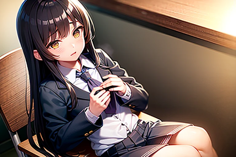 The body is eight times longer than the head, (Highly detailed CG Unity 8k), (highest quality),(Very detailed),(Ultra-high resolution), Black Hair, Shoulders out, Anime 2D Rendering, Realistic young anime school girl, ((White headband)), Purple eyes, expensive, Slanted Eyes, (School Scene), Black Stockings, Bright colors, Open your mouth, Dark Blue Skirt, Bobcut, Top-down position, Prone, Looking at the flowers blooming on the ground, smile,(Focus on the lower body),mini skirt, Attractive legs,Chest to chest,Cleavage,Moderately busty,Reading a book