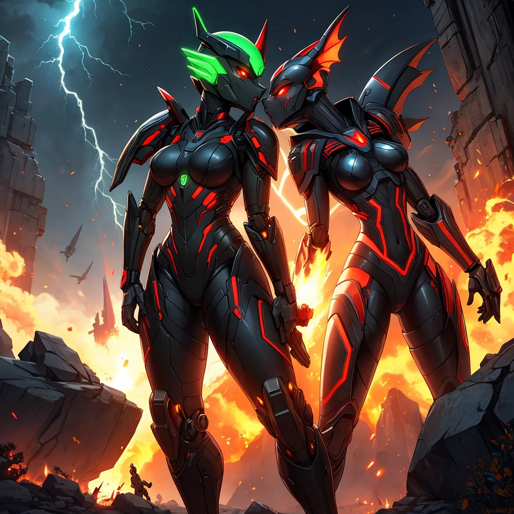 Female, kissing, hugging, loving, green black red, furry, anthro, kobold, android, metallic, robotic, shiny, no clothes, small breasts, thin body, curved thighs, standing, battlefield, holding blaster gun, demonic, glowing eyes, explosions, fires, lightning, debri, science fiction, scifi, high quality, mastpiece, war, fighting, sexy, detailed,