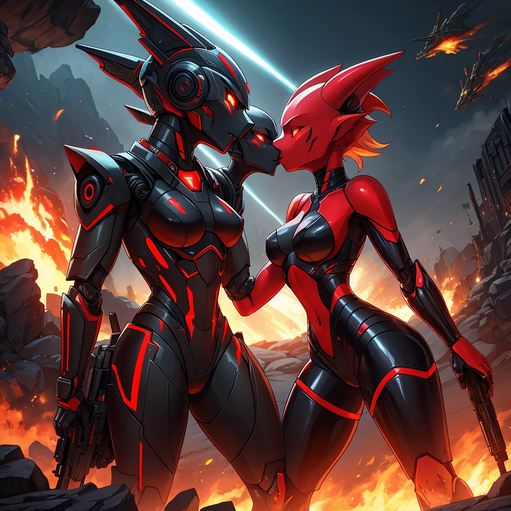 Female, kissing, hugging, loving, green black red, furry, anthro, kobold, android, metallic, robotic, shiny, no clothes, small breasts, thin body, curved thighs, standing, battlefield, holding blaster gun, demonic, glowing eyes, explosions, fires, lightning, debri, science fiction, scifi, high quality, mastpiece, war, fighting, sexy, detailed,