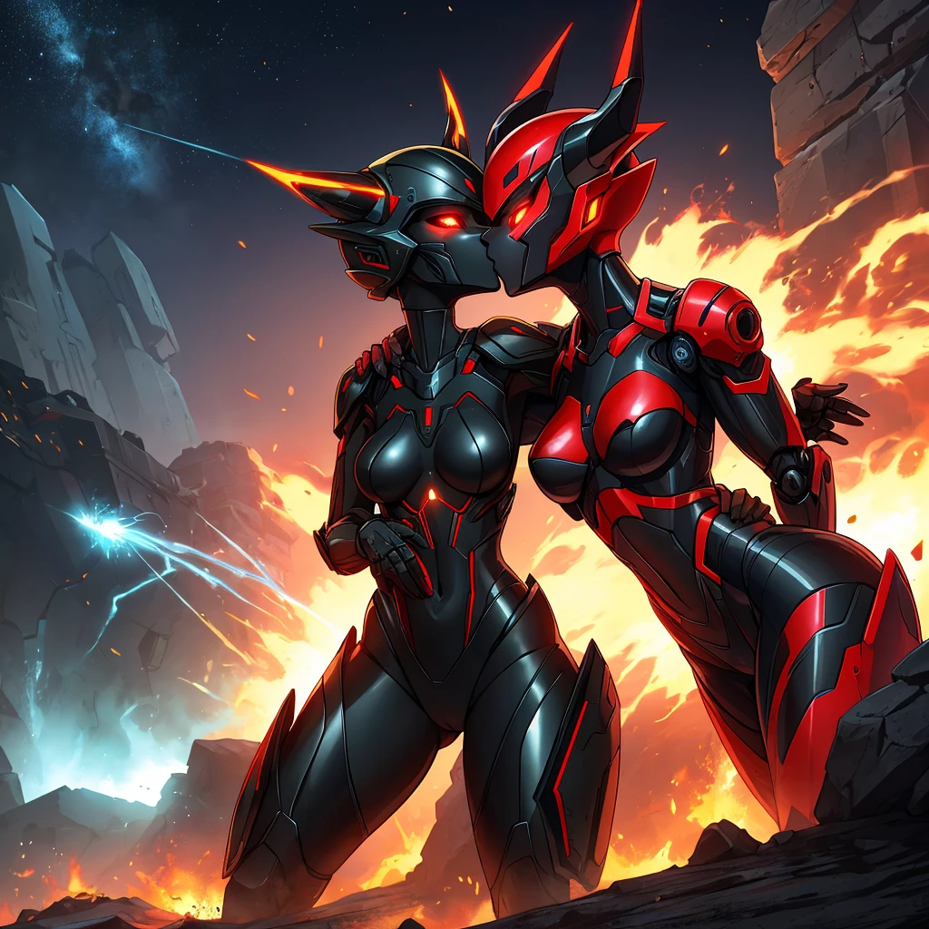 Female, kissing, hugging, loving, green black red, furry, anthro, kobold, android, metallic, robotic, shiny, no clothes, small breasts, thin body, curved thighs, standing, battlefield, holding blaster gun, demonic, glowing eyes, explosions, fires, lightning, debri, science fiction, scifi, high quality, mastpiece, war, fighting, sexy, detailed,