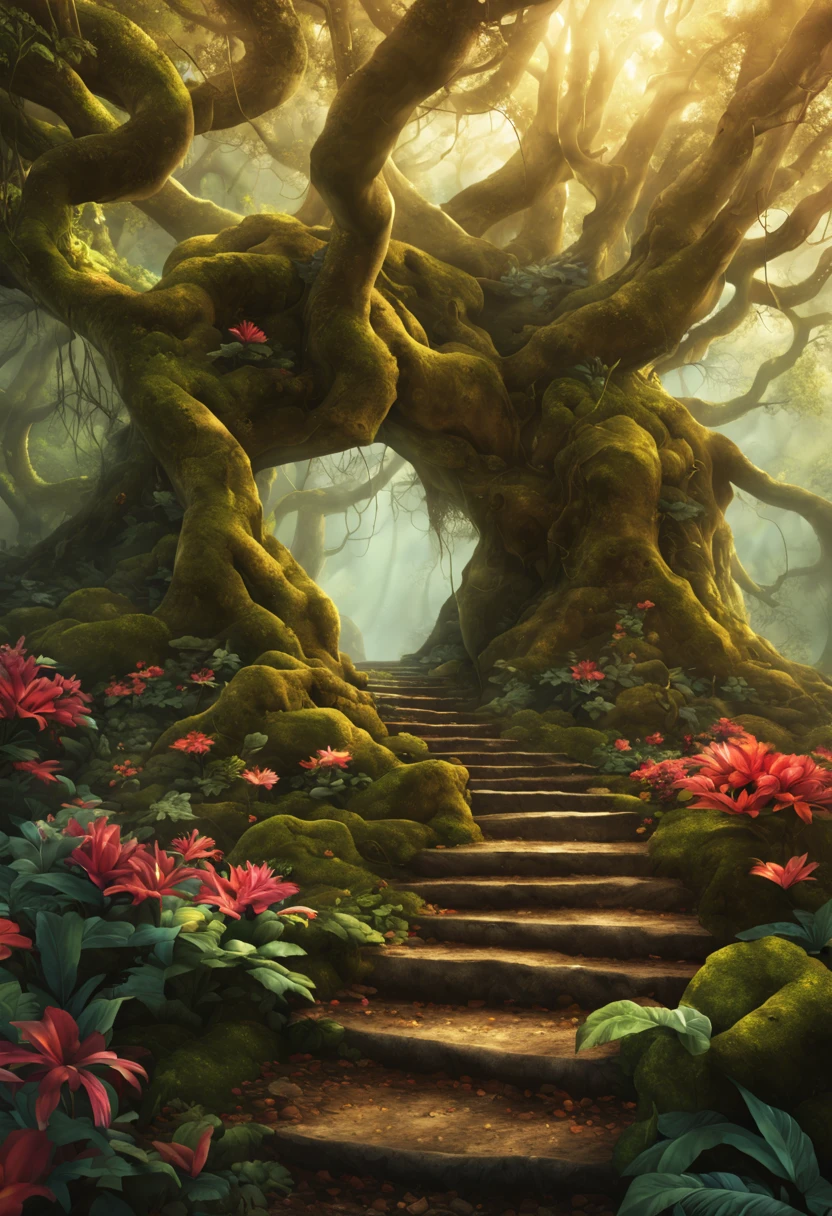 "(best quality,ultra-detailed,realistic:1.37),spectacular magical and mysterious plant,botanical garden,enchanted forest,ethereal flowers,floating petals,glowing leaves,majestic tree roots,golden sunlight,soft mist,vibrant colors,impressive details,exquisite texture,hidden secrets,fantasy world"