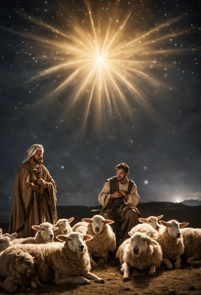 “realistic shepherds with sheep , kneeling in front of a host of angels, night sky,, sharp, detailed scene, photograph, shallow depth of field, haze, night sky with shining star of bethlehem above , volumetric lighting, photo taken with provia, 24mm, f1.8,david lazar,