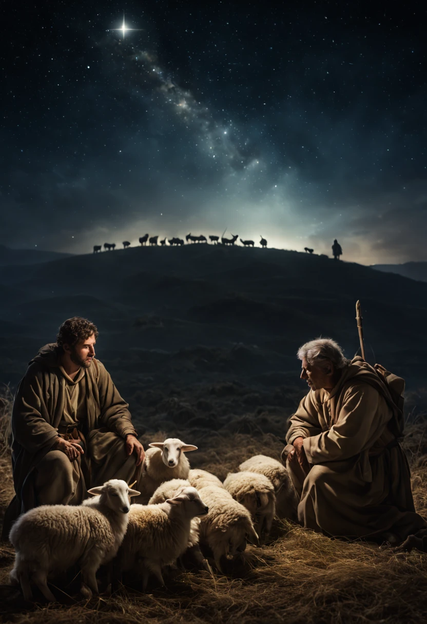 “realistic  shepherds  with sheep , kneeling in front of a host of angels, night sky,, sharp, detailed scene,   photograph,   shallow depth of field, haze,  night sky with shining star of bethlehem above , volumetric lighting, photo taken with provia, 24mm, f1.8,david lazar,