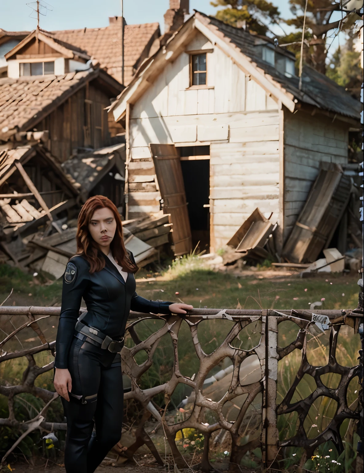 Scarlett Johansson, masterpiece, Full-length portrait, black widow dressed in tight laced suit, belts, handcuffs,rocky mountains, fence, realistic image, DSLR camera, detailed skin, detailed face, hyper-realistic, posing for camera, professional model, DSLR photo shoot