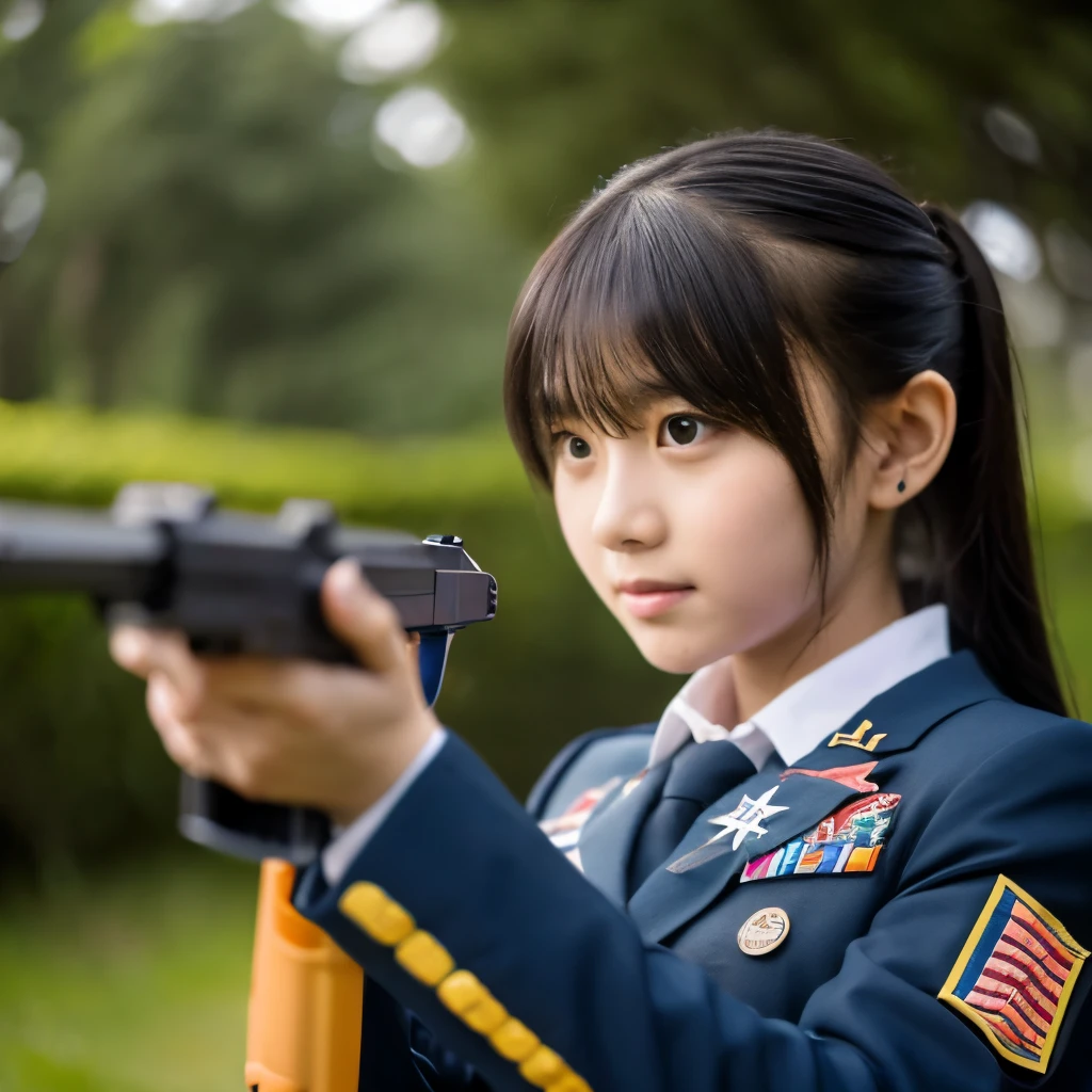 A girl wearing combat uniform and holding a gun