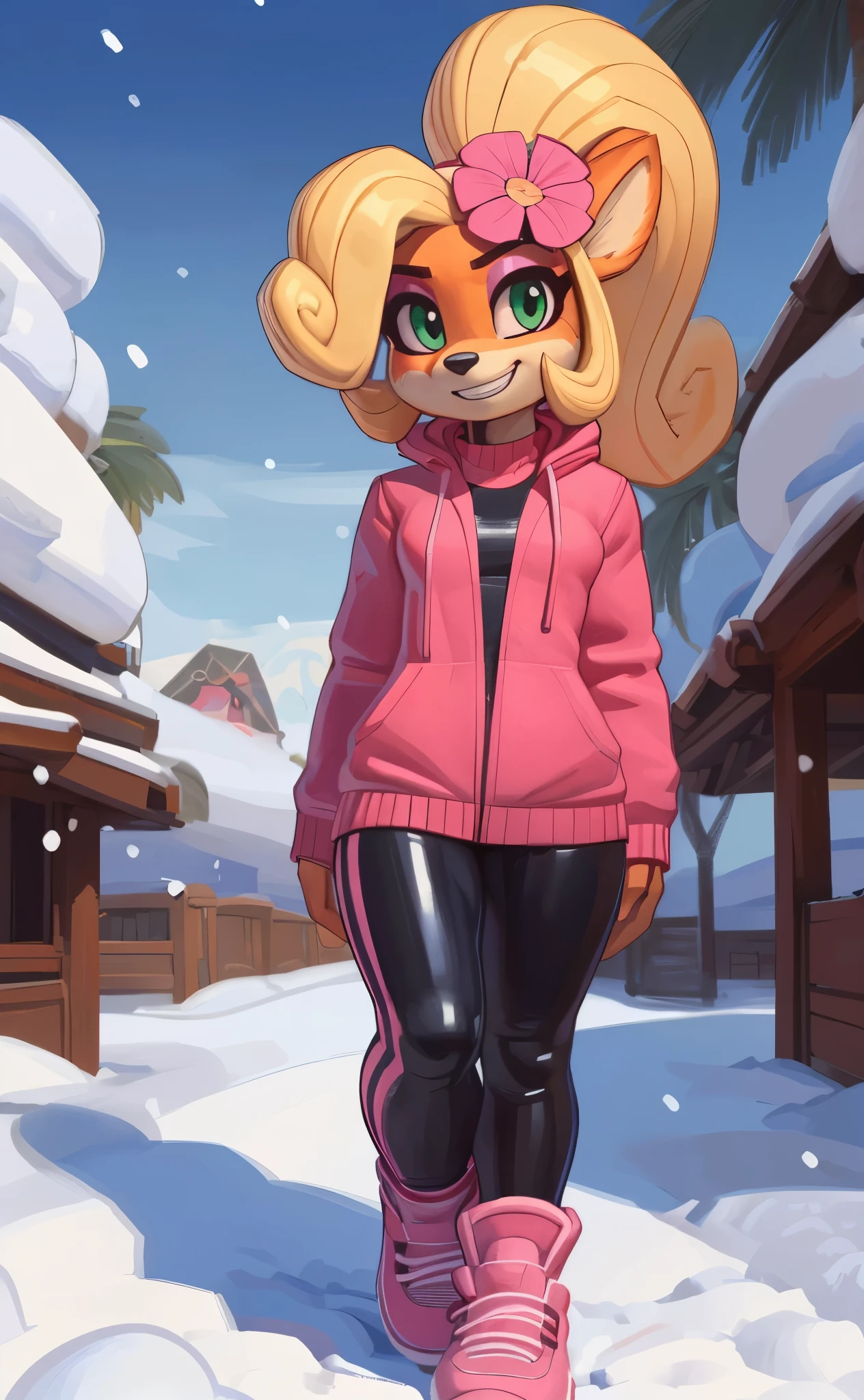 [Coco bandicoot], [Uploaded to e621.net; (Pixelsketcher), (wamudraws)], ((masterpiece)), ((HD)), ((solo portrait)), ((full body)), ((front view)), ((furry; anthro)), ((detailed fur)), ((detailed shading)), ((beautiful render art)), ((feet visible)), ((intricate details)), {anthro; orange fur, black nose, (cute green eyes), (short eyelashes), (pink eyeshadow), blonde curly hair, curly ponytail, (curvy hips), (beautiful legs), (blushing), (cute grin)}, {(pink coat), (tight black spandex yoga pants pink lines), (pink sneakers), (pink flower on head)}, {(on snow), (standing), (hands in pockets), (looking at viewer)}, [background; (tropical forest), (snow), (beaten pathway), (blue sky), (cloudy)]