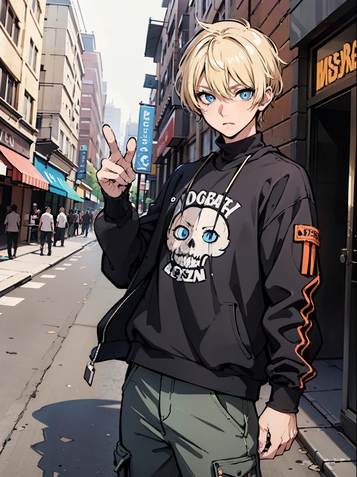 Just one man, he's alone, blonde hair, short hair, blue eyes, street clothing, baggy eyes, emo