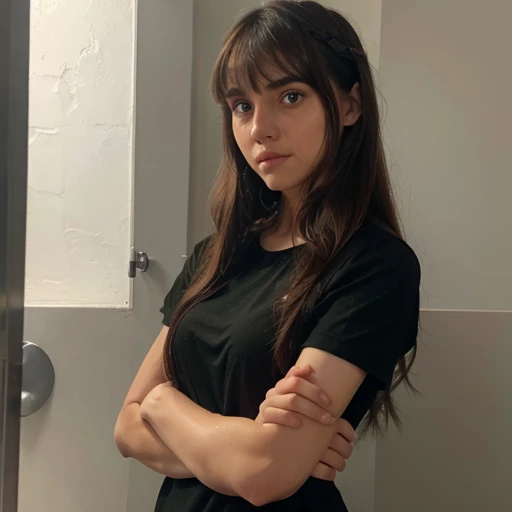 White Palestinian girl with long brown hair and bangs and green eyes wearing makeup and a black dress with short sleeves crying