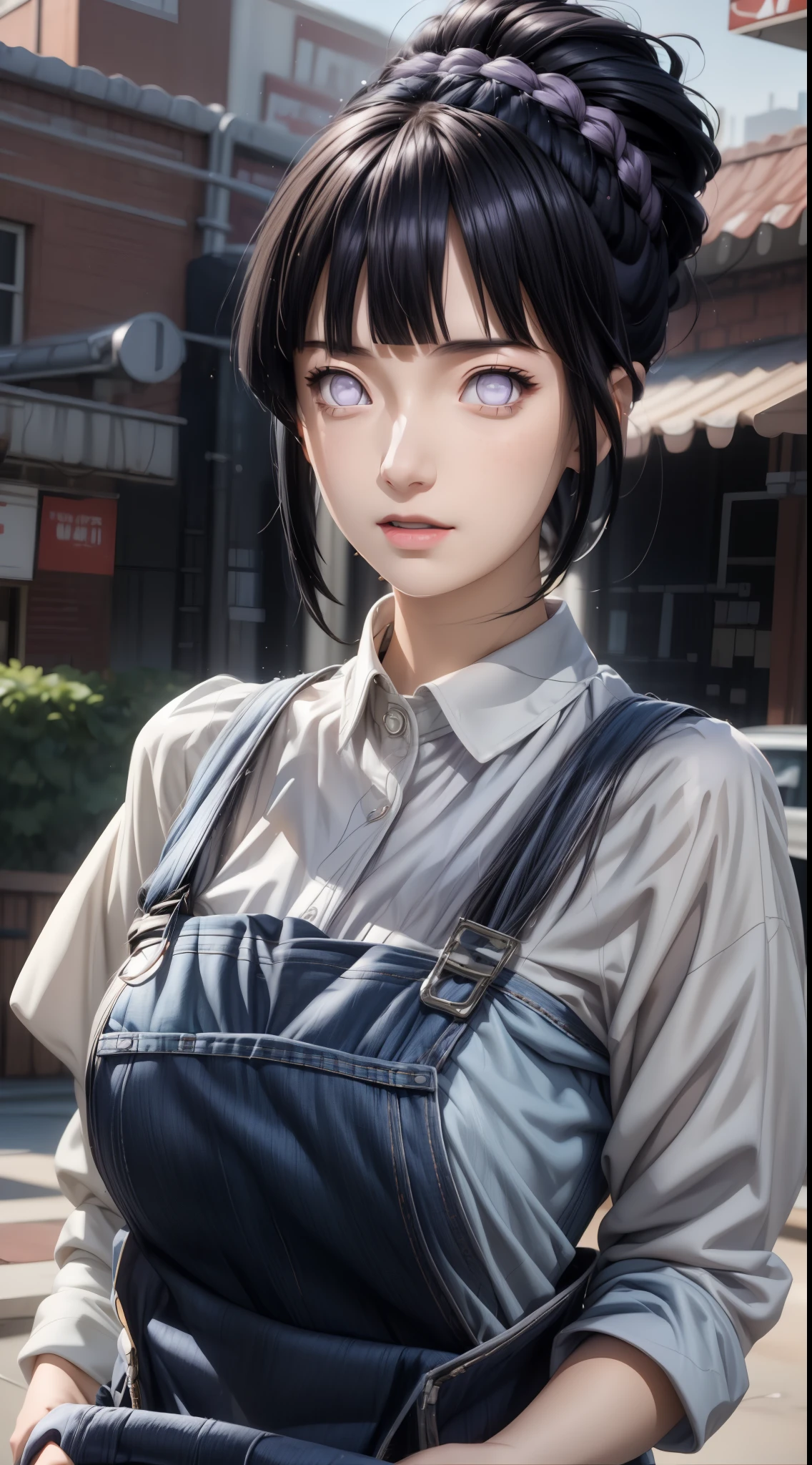 masterpiece, best quality, ultra-detailed, illustration,1girl,
long hair, dark blue hair, french braid, purple eyes, blunt bangs, 
shirt, (denim overalls:1.1),
medium breast,  
looking at viewer, hinata\(shippuden\) strit sesoncity ,cyber punk ,jumpink standing up ,reality , realism ,realistic ,detail beground sesoncity strit