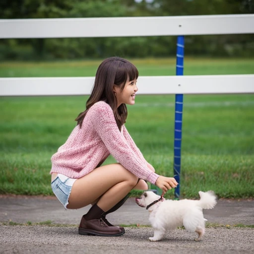 A girl in a miniskirt playing with a dog