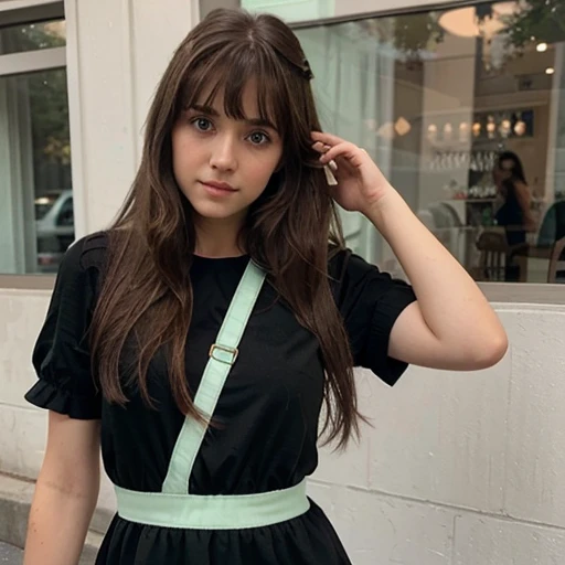 White teenage girl with long brown hair and bangs with green eyes wearing makeup and a black dress with short sleeves