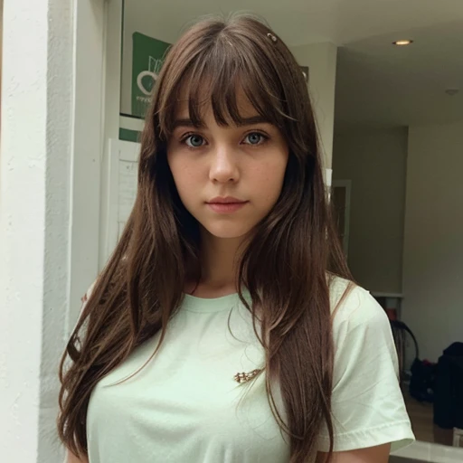 A pretty 17 year old girl with long hair with wavy bangs with a cute and pretty face in a school 