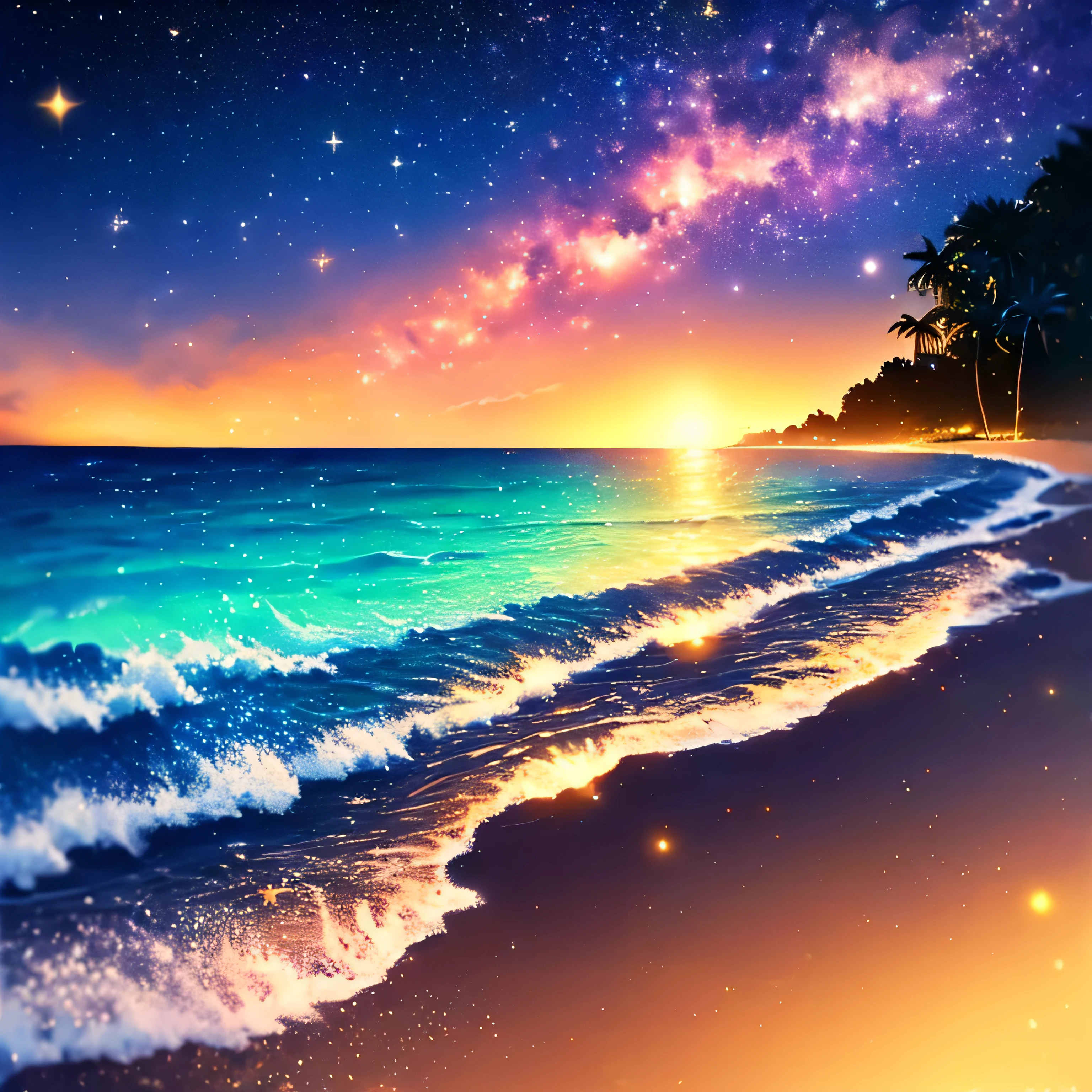 (best quality,highres,ultra-detailed,realistic:1.37),professional,vivid colors,bokeh,extreme detail,moonlit summer night by the beach,serene and calm waves,soft sandy shore,glistening stars above,the Milky Way shimmering