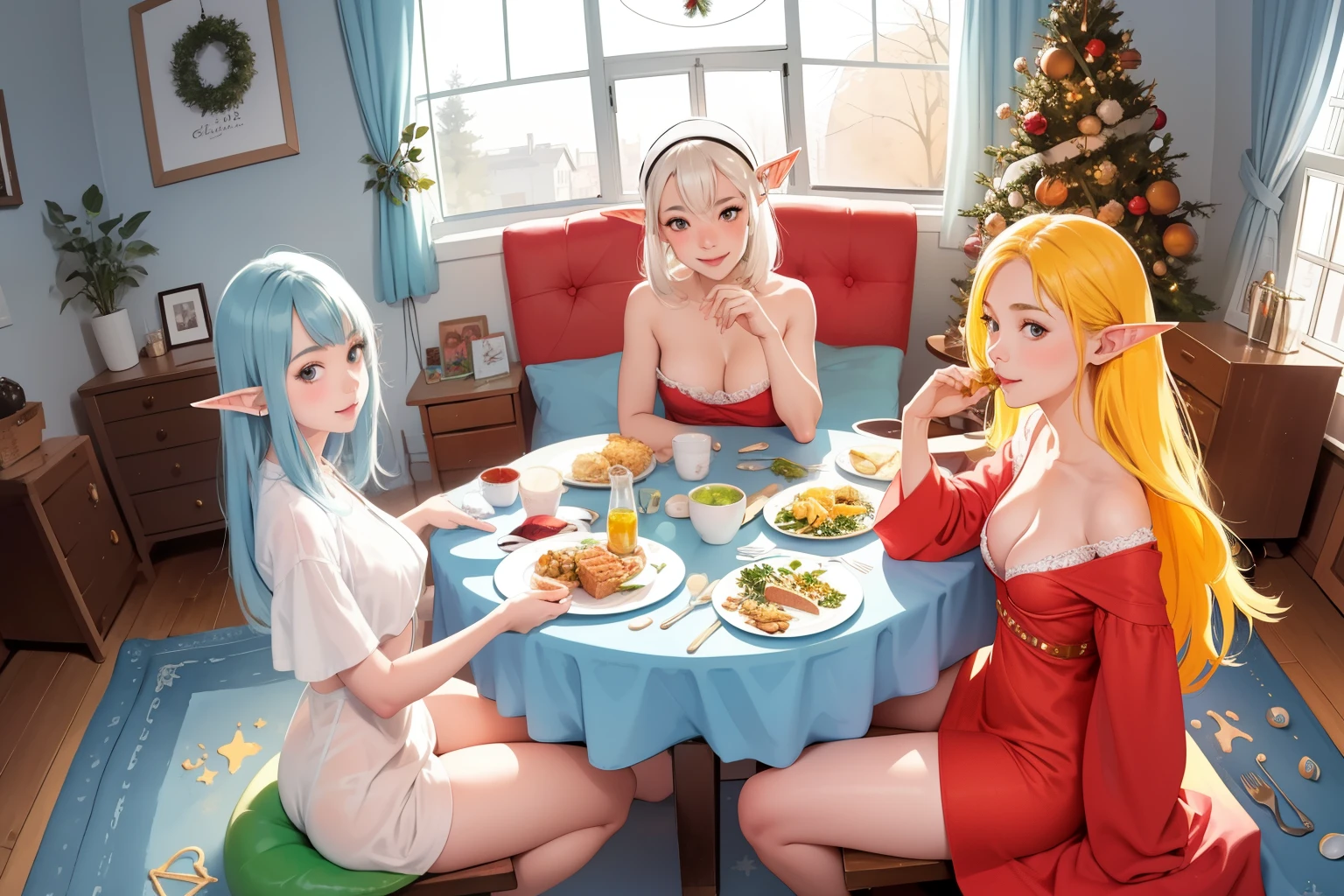 superflat, flat shading, flat colors, (low table full of dishes, plenty of dishes, stacks of food), room, 3girls, young , petite, (elf ears:1.0), naked, white panties, white bra, closeup, smile, eating, (sitting on floor), by a low table, (a giant pile of food on low table), look away, front view, view from above, big window, christmas tree, cozy, wide angle, fisheye, vibrant colors, bright, white, watercolor