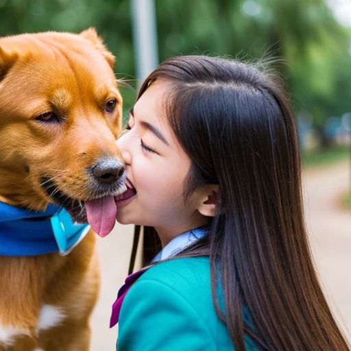 High school girl gets her face licked by a dog