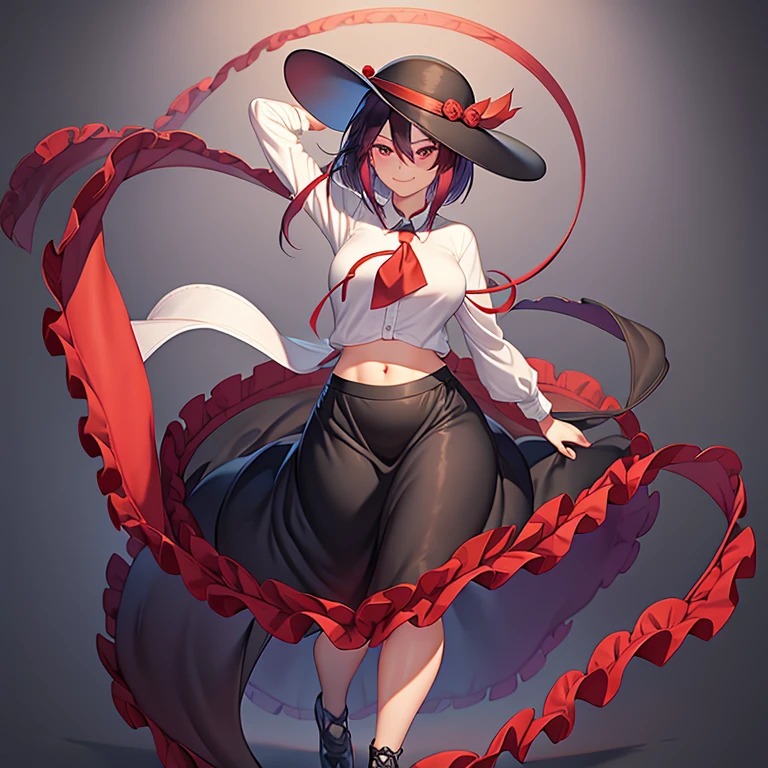 Yongjiang Yu, Purple hair, Red Eyes, Smile, black headwear, bobhair, short-hair，Short Bob, huge tit　, heartbackground　, pink back ground　, Best Quality, frilld　, Black skirt, White shirt, Red Ascot, long  skirt　，big sister　，Red ribbon on hat　，Beautiful fece　，Navel　，White Hagoromo　，Full body view　，Black shoes　，Standing