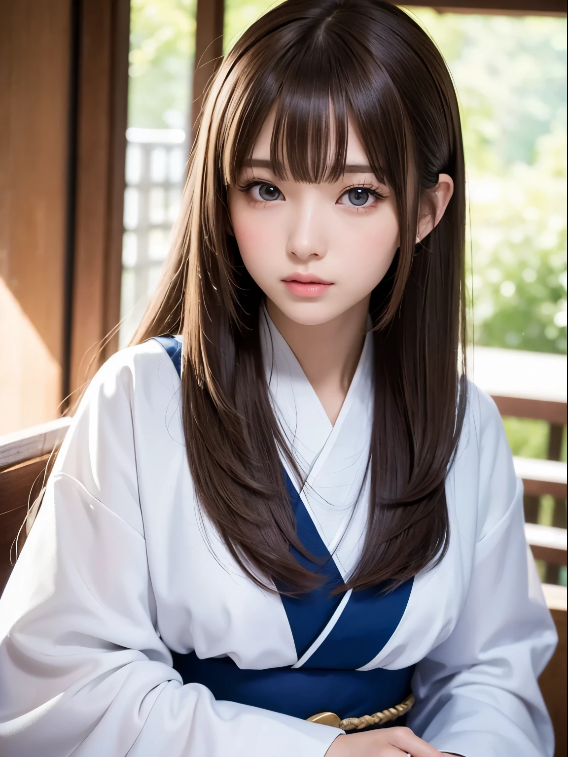 portlate、unified correct expression、poneyTail、Young shiny shiny white shiny skin、Best Looks、Natural brown hair with dazzling highlights、shiny light hair,、Super long silky straight hair、Beautiful bangs that shine、Blunt bangs、Glowing crystal clear attractive big blue eyes、Very beautiful nice cute 16 year old girl、Lush bust、komono、kimono、From the knee up、kyoto