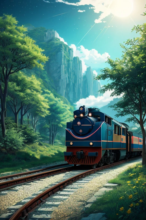 High quality masterpiece, landscape, anime train passing through bodies of water on tracks, bright starry sky. BREAK Romantic train, pixiv, concept art, lofi art style, reflection. by Makoto Shinkai, lofi art, Beautiful anime scene, BREAK Anime landscape, detailed scenery —width 672, in style of Makoto shinkai, style of Makoto shinkai, enhanced details, BREAK,Detailed,Realistic,4k highly detailed digital art,octane render, bioluminescent, BREAK 8K resolution concept art, realism,by Mappa studios,masterpiece,best quality,official art,illustration,ligne claire,(cool_color),perfect composition,absurdres, fantasy,focused,rule of thirds