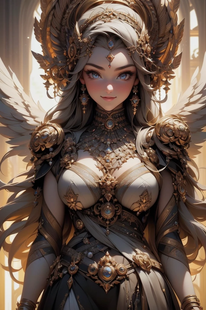 {-erro_de_anatomia:1.0}((Finest quality)),(超A high resolution),(ultra-detailliert),(Meticulous portrayal),((best pictureinest works of art),Ultra-Precision Art,The art of astounding depiction, (1 Female Goddess:1.5),a smile,Flapping,Fluttering feathers, readhead
