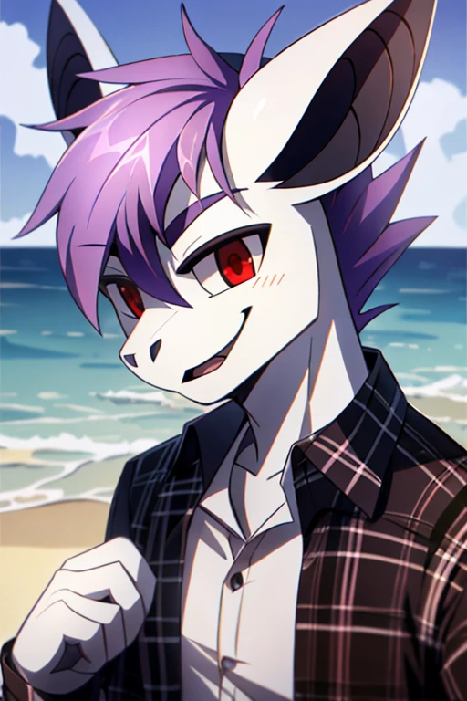 (best quality), (masterpiece, professional photo:1.1), (8k, high resolution), (single:1.2), (male), middle aged, 35 years old, ((Anthro white bat pony)), ((purple and white coloured hair)), (red eyes), (slitted pupils:1.2), (White wings), (highly detailed eyes:1.2), Cool looking, (((Black open flannel shirt:1.2))), close mouth, smirk, beach background, full body photo, medium cut hair